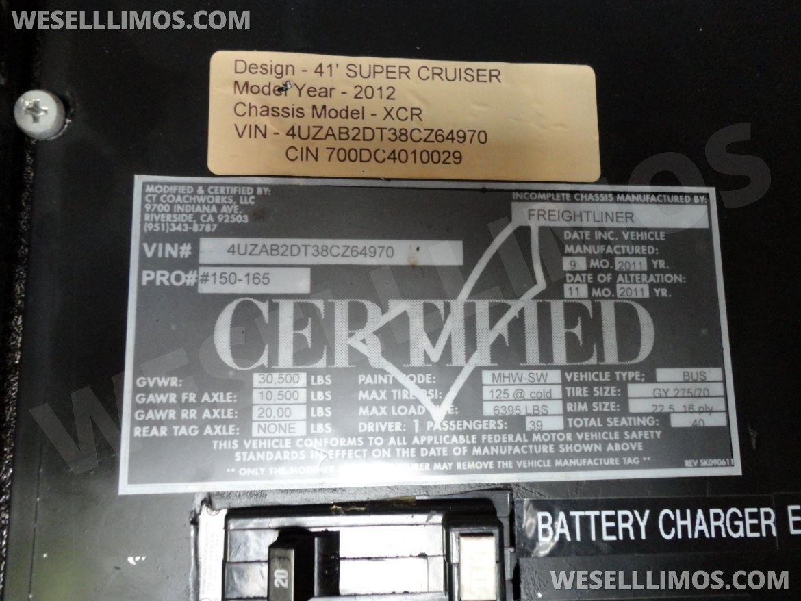 Photo of Limo Bus for sale: 2012 Freightliner XCR 41 Super Cruiser 41&quot; by CT Coachworks