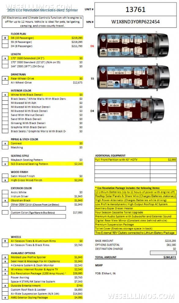 2025 Auto Elite Eco Revolution Limousine 10 Pass AMG Trim Mercedes-Benz Sprinter